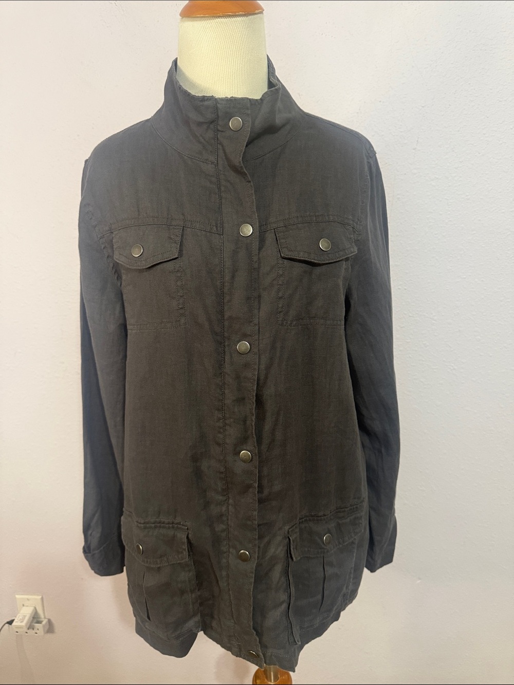 Artisan NY Women Gray 100% Linen Utility Jacket Size Large